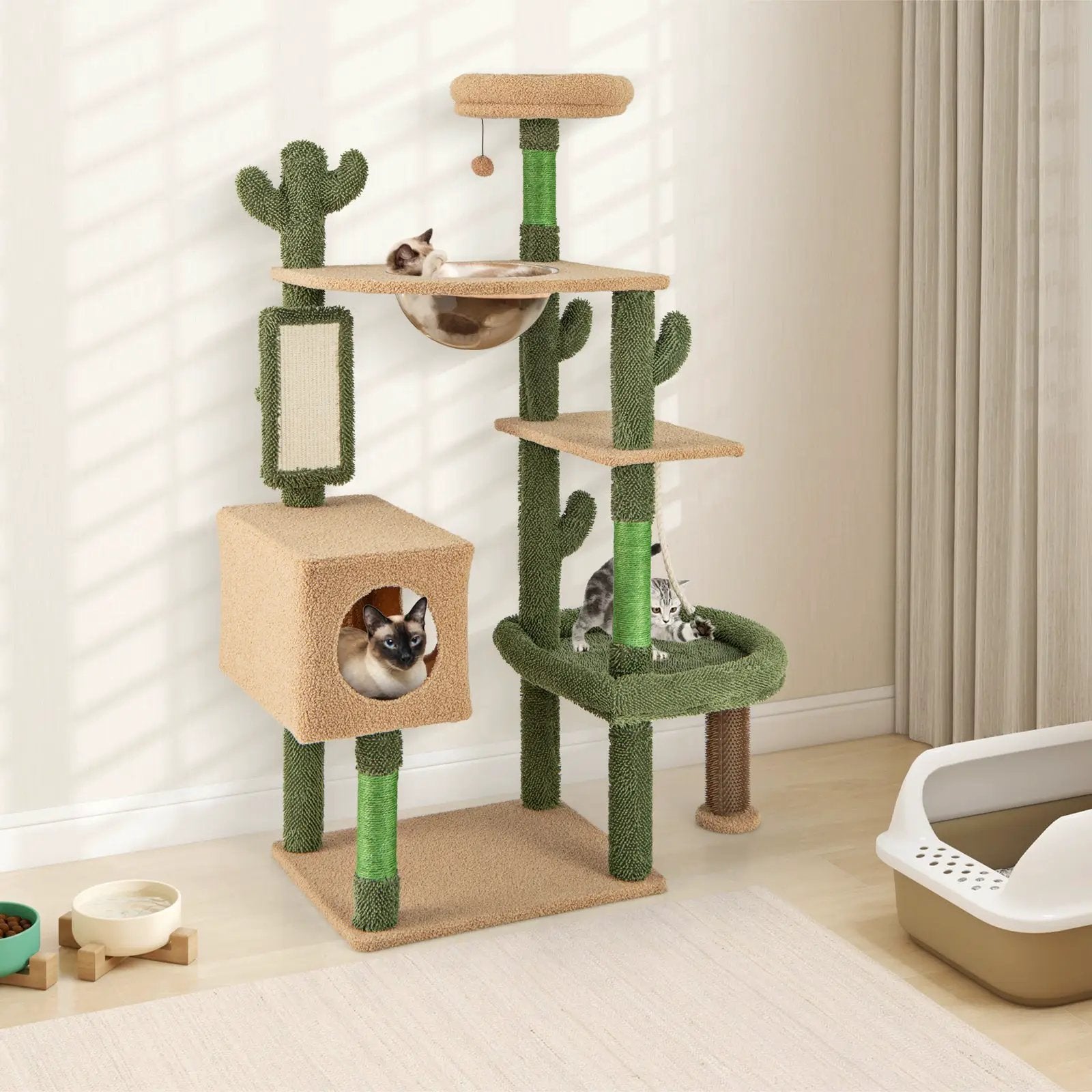 59 Inch Multilevel Cactus Cat Tree with Scratching Posts Cando Toy and Rope-Green by DirectDeals