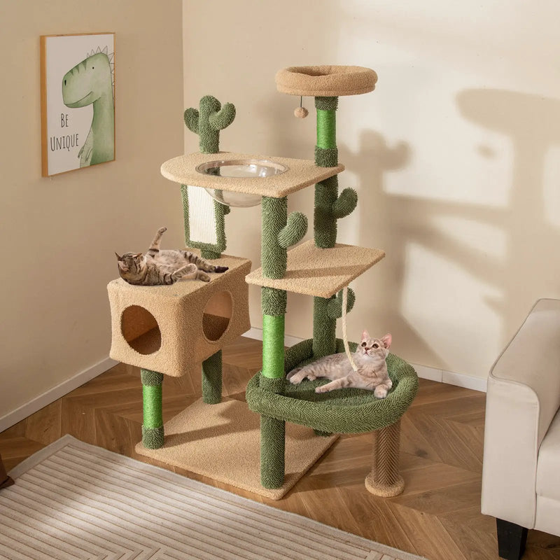 59 Inch Multilevel Cactus Cat Tree with Scratching Posts Cando Toy and Rope-Green by DirectDeals