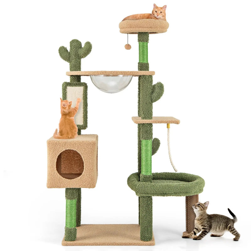 59 Inch Multilevel Cactus Cat Tree with Scratching Posts Cando Toy and Rope-Green by DirectDeals