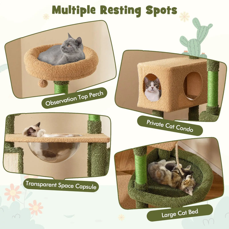 59 Inch Multilevel Cactus Cat Tree with Scratching Posts Cando Toy and Rope-Green by DirectDeals