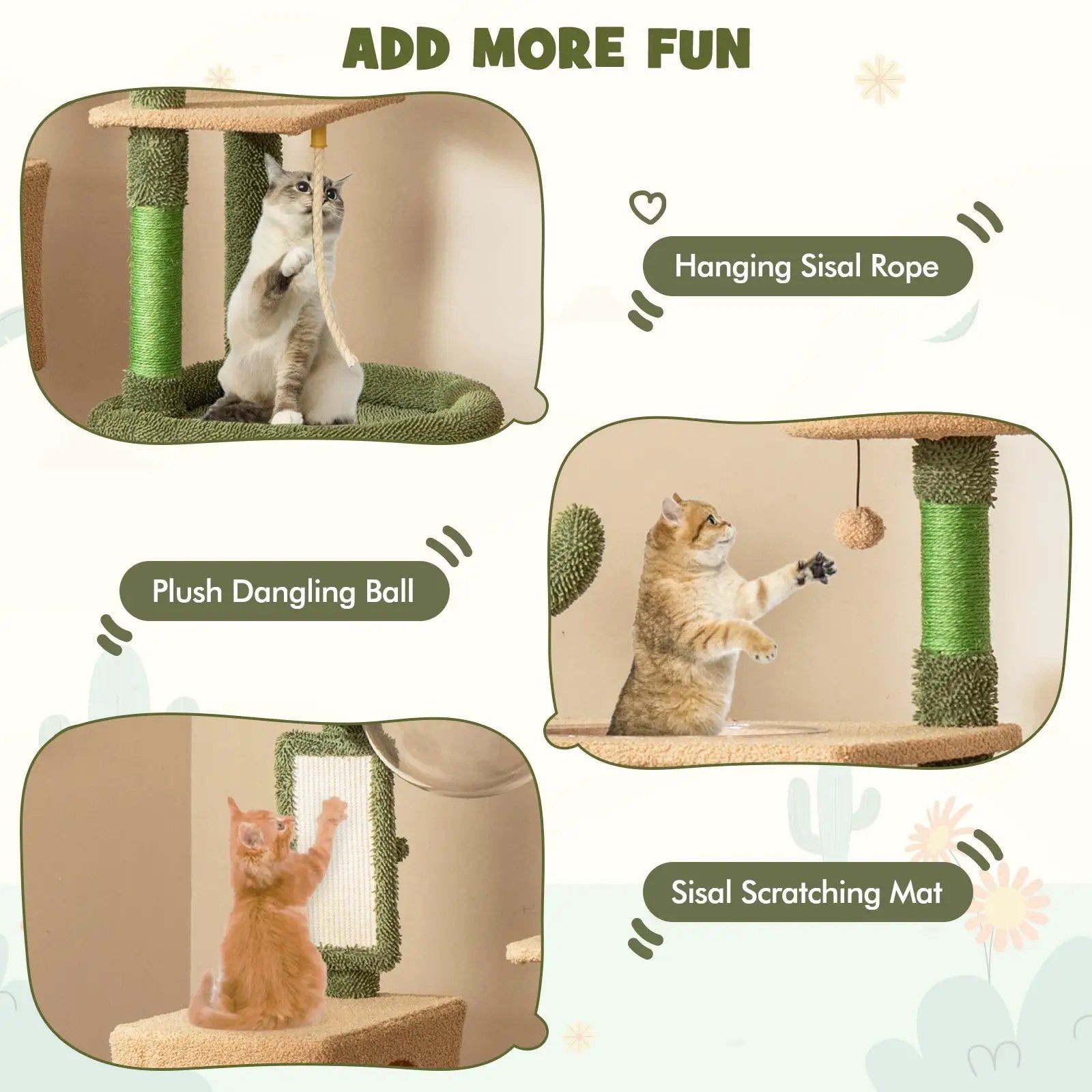 59 Inch Multilevel Cactus Cat Tree with Scratching Posts Cando Toy and Rope-Green by DirectDeals