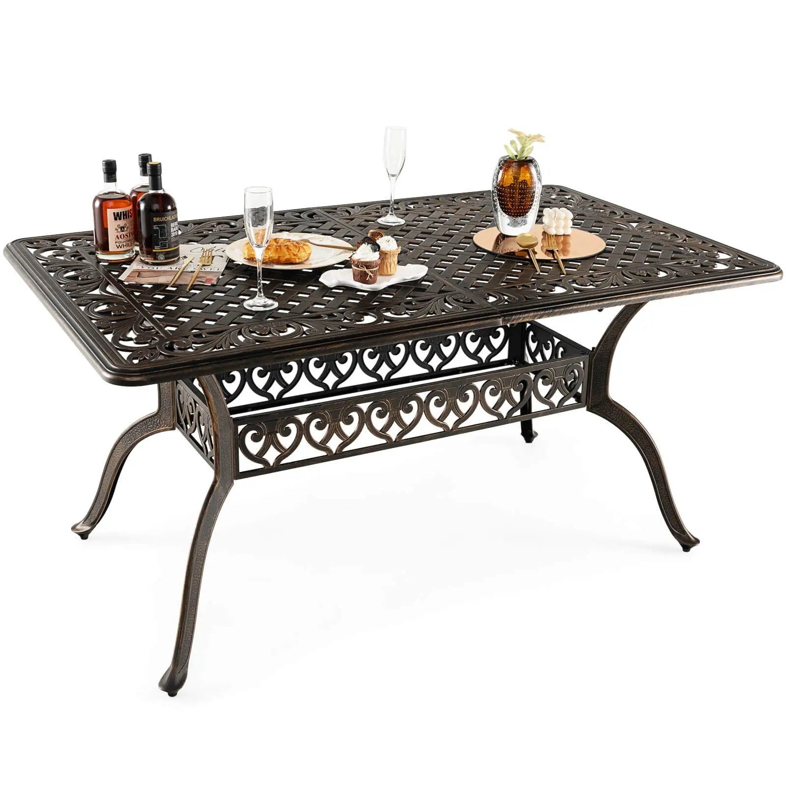 59 Inch Aluminum Patio Dining Table with Umbrella Hole fot 6 Persons-Bronze by DirectDeals