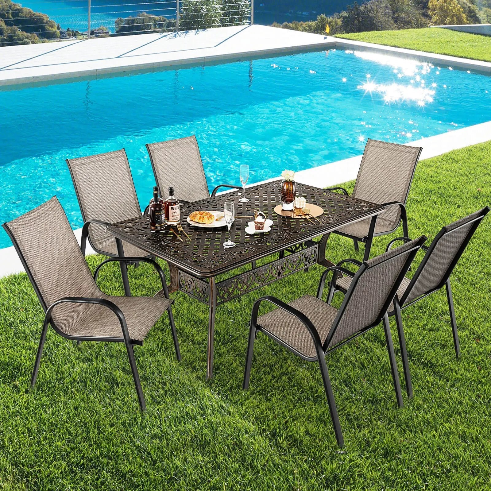 59 Inch Aluminum Patio Dining Table with Umbrella Hole fot 6 Persons-Bronze by DirectDeals
