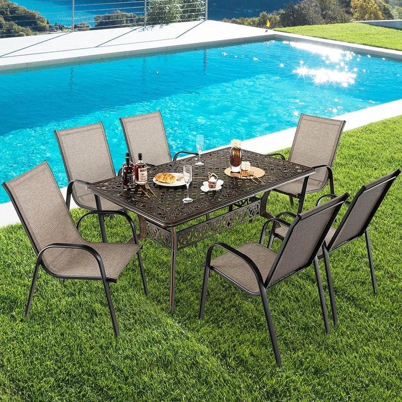 59 Inch Aluminum Patio Dining Table with Umbrella Hole fot 6 Persons-Bronze by DirectDeals