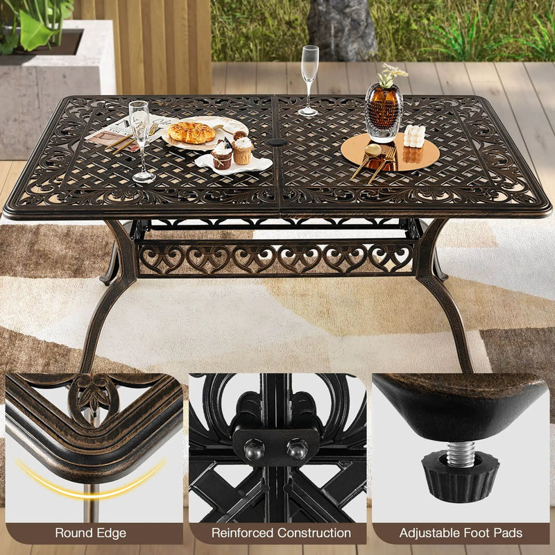 59 Inch Aluminum Patio Dining Table with Umbrella Hole fot 6 Persons-Bronze by DirectDeals