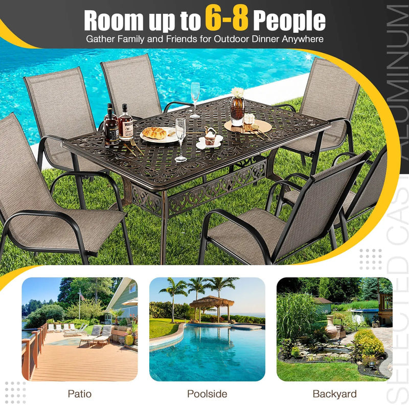 59 Inch Aluminum Patio Dining Table with Umbrella Hole fot 6 Persons-Bronze by DirectDeals