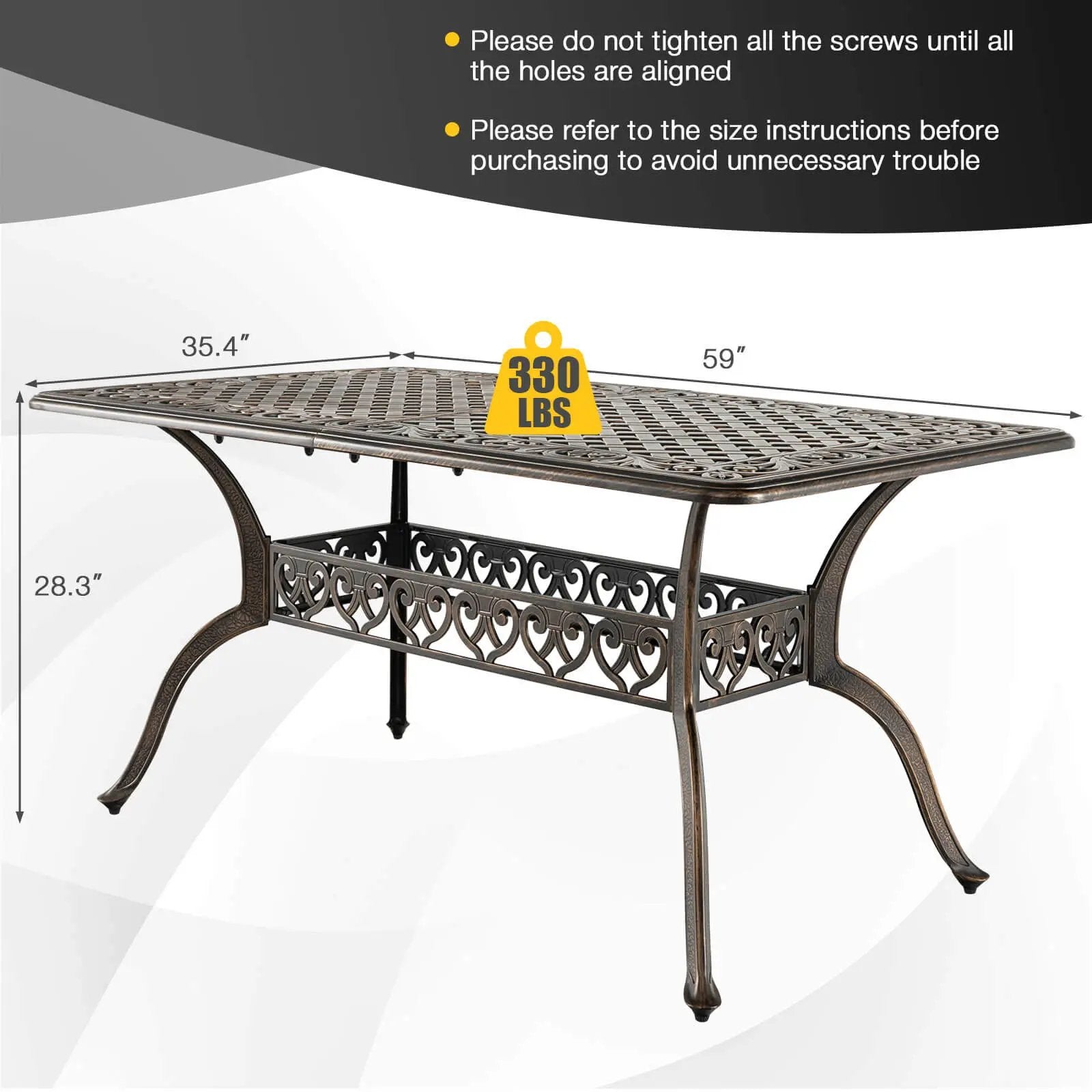 59 Inch Aluminum Patio Dining Table with Umbrella Hole fot 6 Persons-Bronze by DirectDeals
