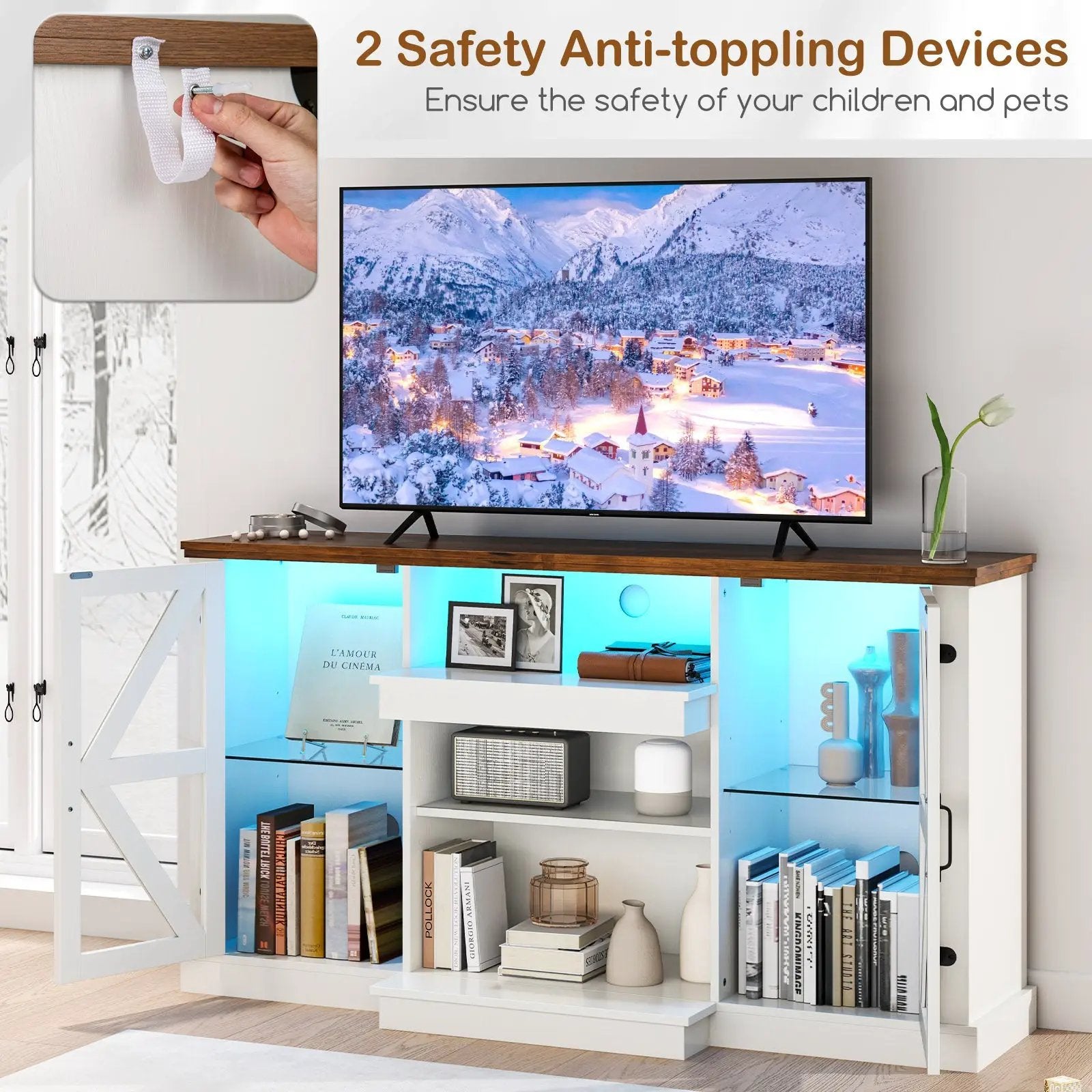 59 Inches Media Console Table with 3-Level Shelves and 22 Dynamic Modes-White by DirectDeals