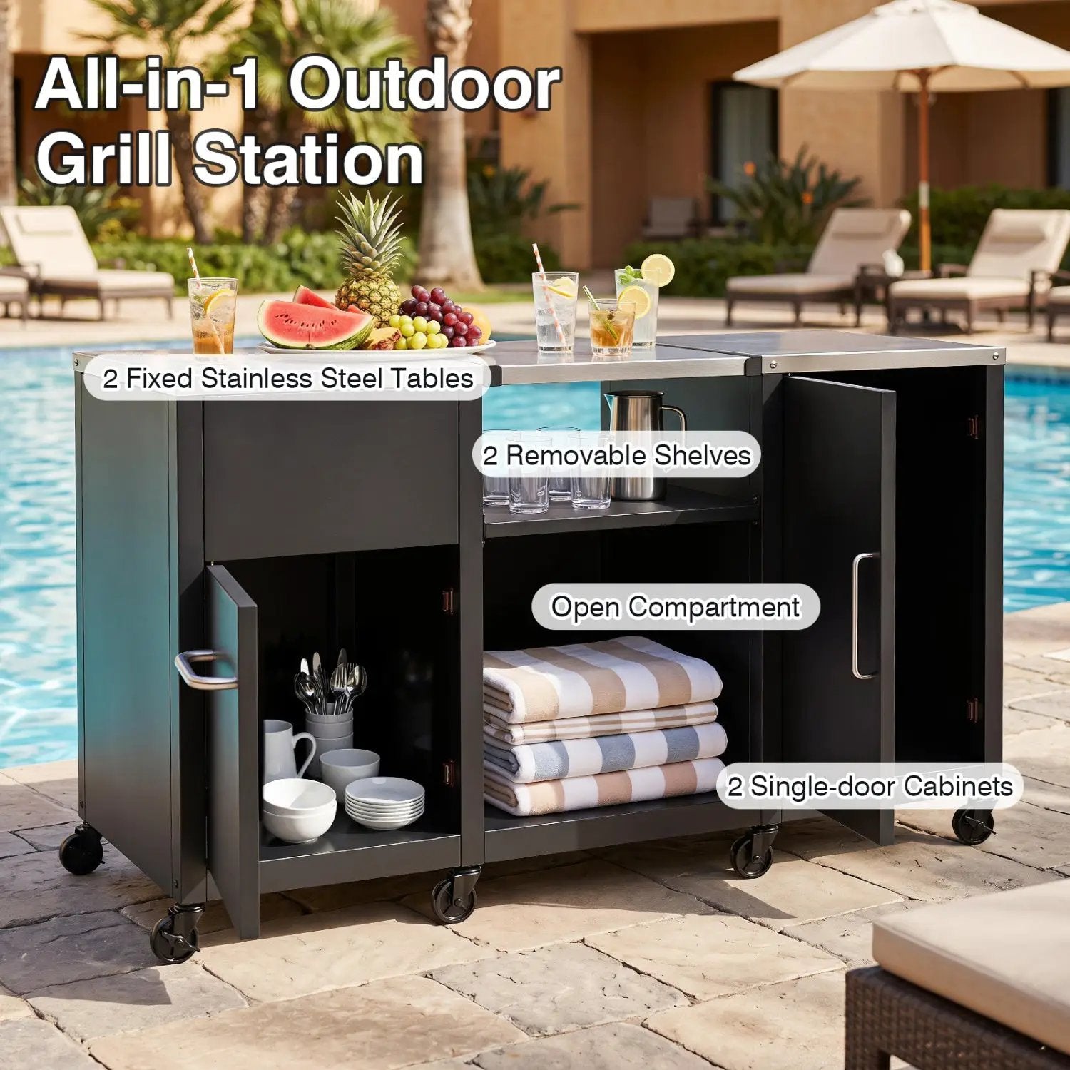 Outdoor Grill Table 59" with Removable Shelves & Storage by DirectDeals