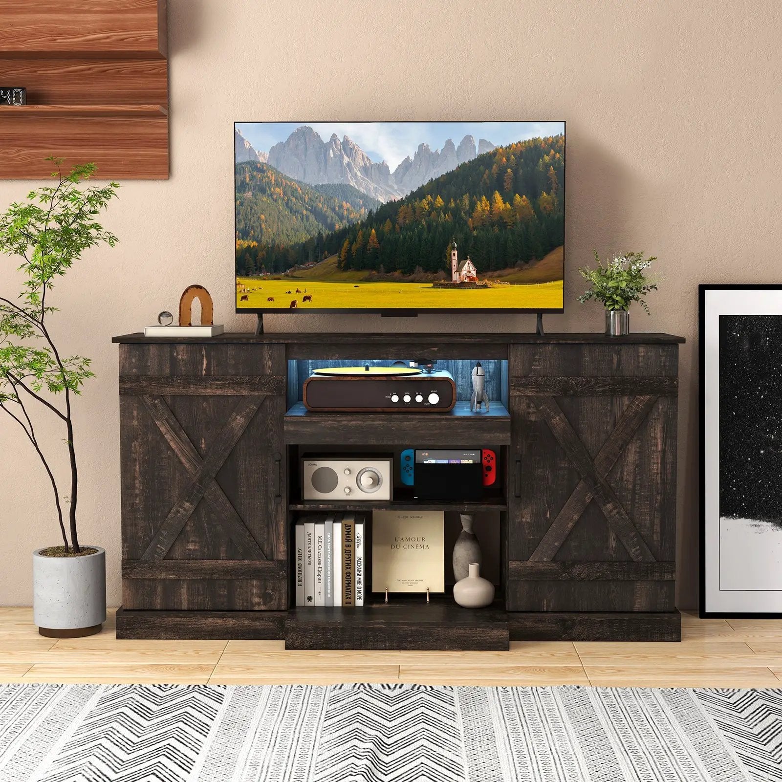 58 Inches TV stand for TVs up to 65 Inches with 20 Color Led Lights-Coffee by DirectDeals