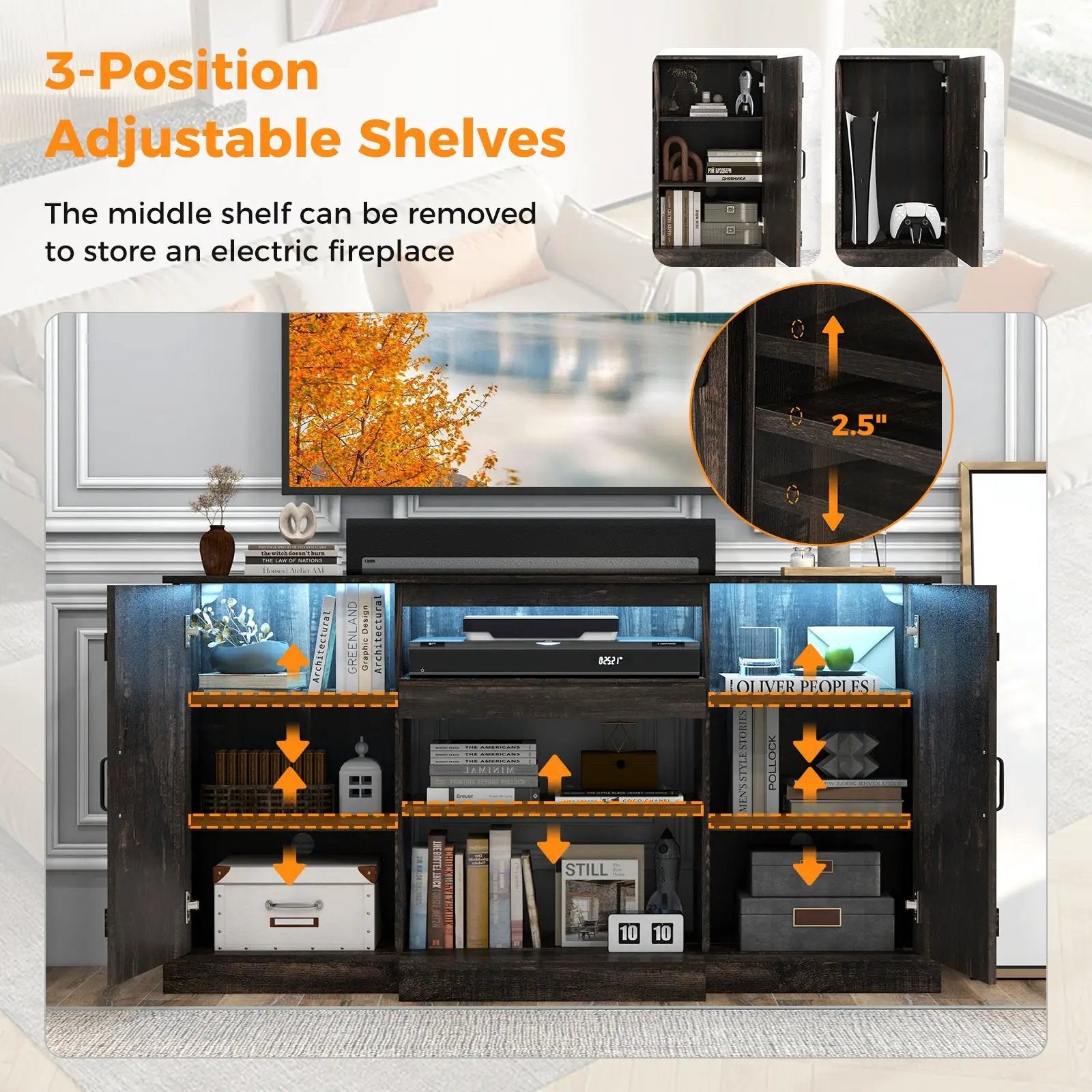 58 Inches TV stand for TVs up to 65 Inches with 20 Color Led Lights-Coffee by DirectDeals