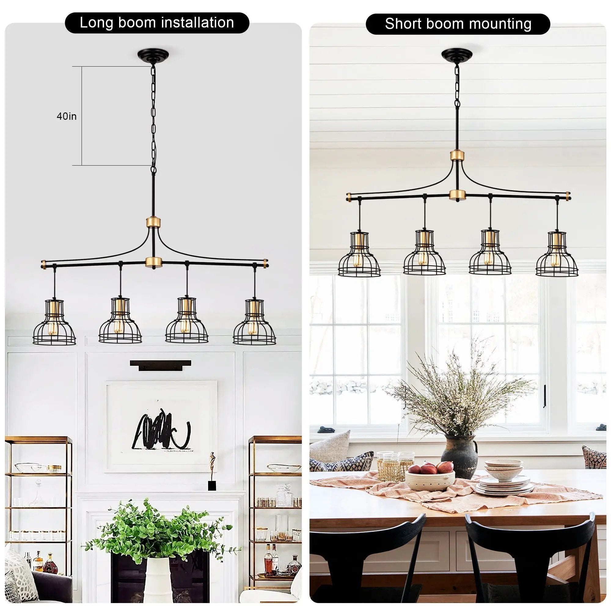 Dining Room Light Fixture / Chandelier Table, 40 -" Hanging For Farmhouse Linear Chandeliers, 5 Light Kitchen Island Lighting Ceiling Chandelier, With Metal Lampshade - Gold / Matte Black by HouseOfZazla