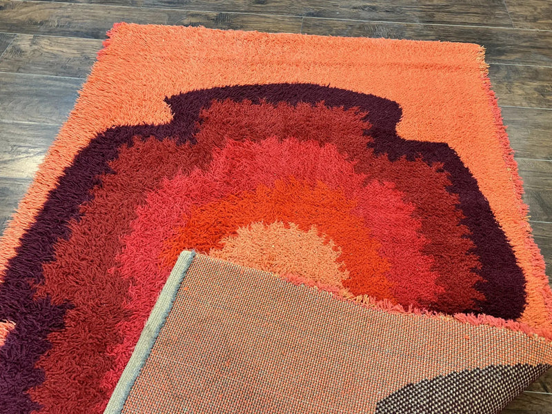 Danish Rya Shag Rug 4x6, Mid Century 1960s Retro Vintage Wool Rug, Shades of Red by Jewel Rugs
