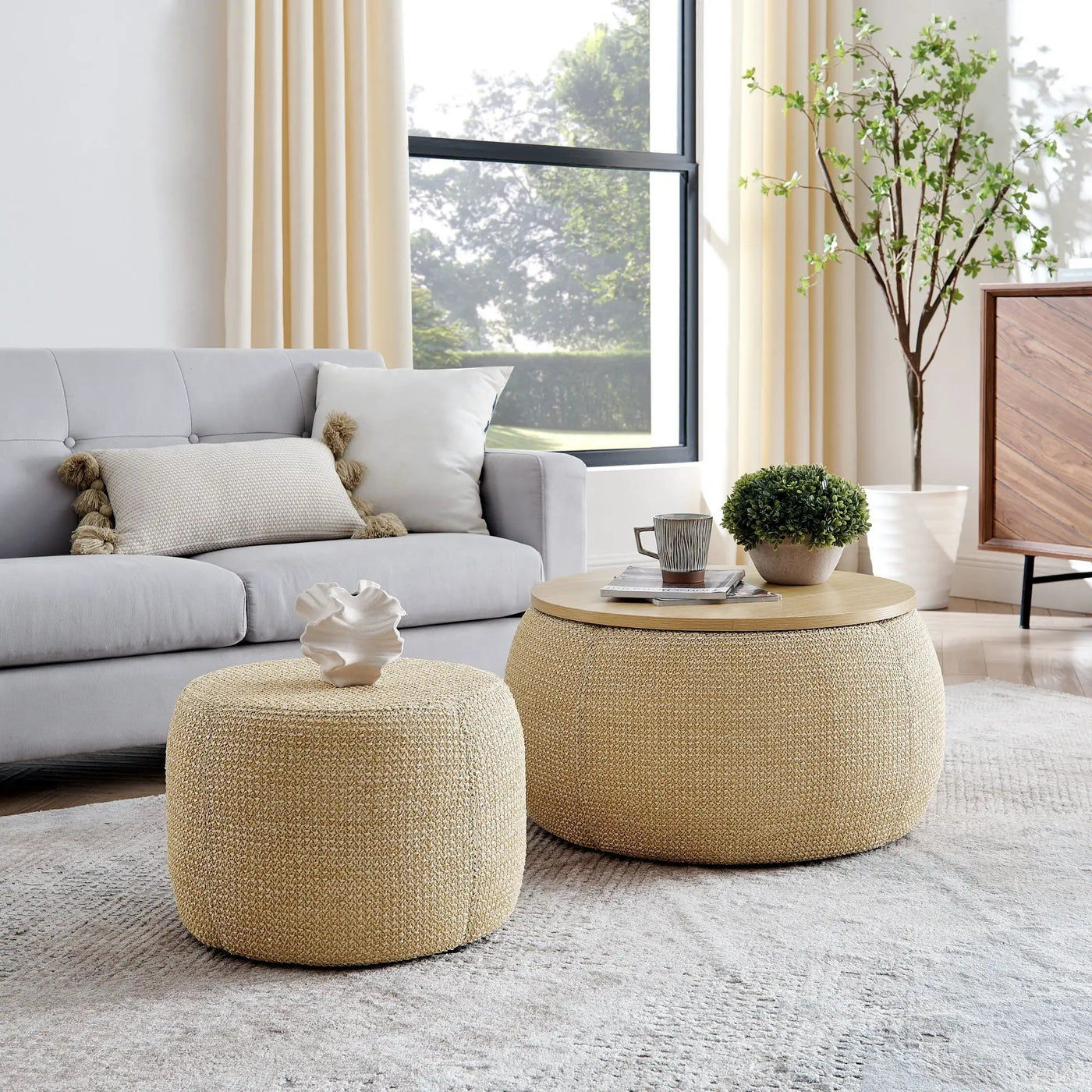 Round Storage Ottoman, 2 In 1 Function, End Table And Ottoman by HouseOfZazla