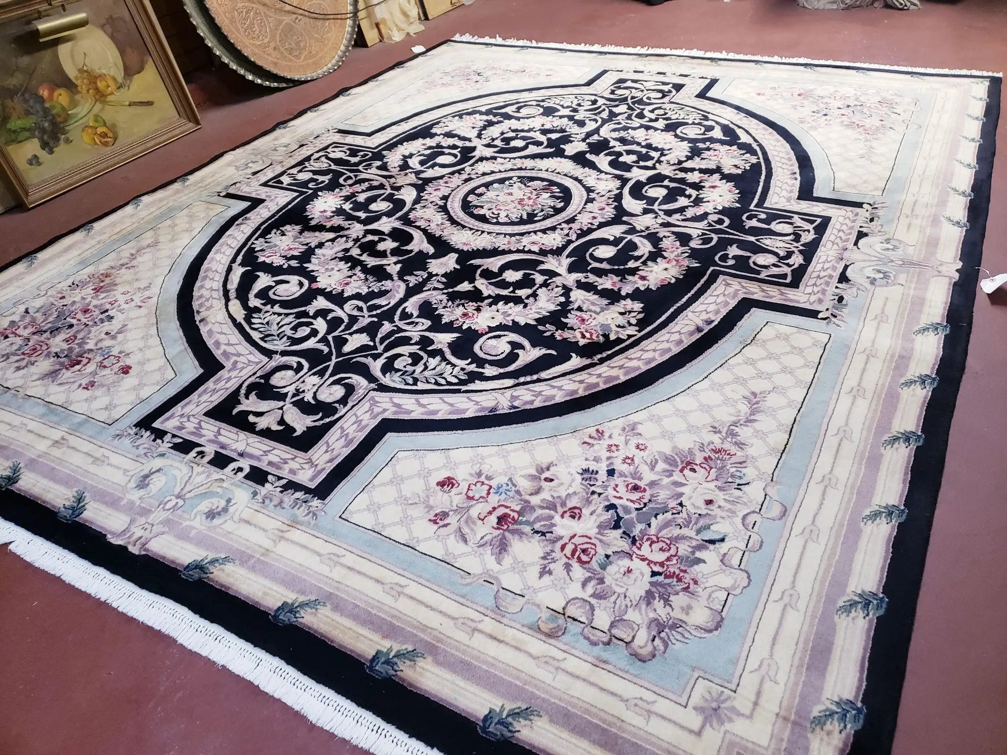 8x10 Aubusson Rug, Fine Hand Knotted Wool Carpet, French European Design, Black & Ivory by Jewel Rugs