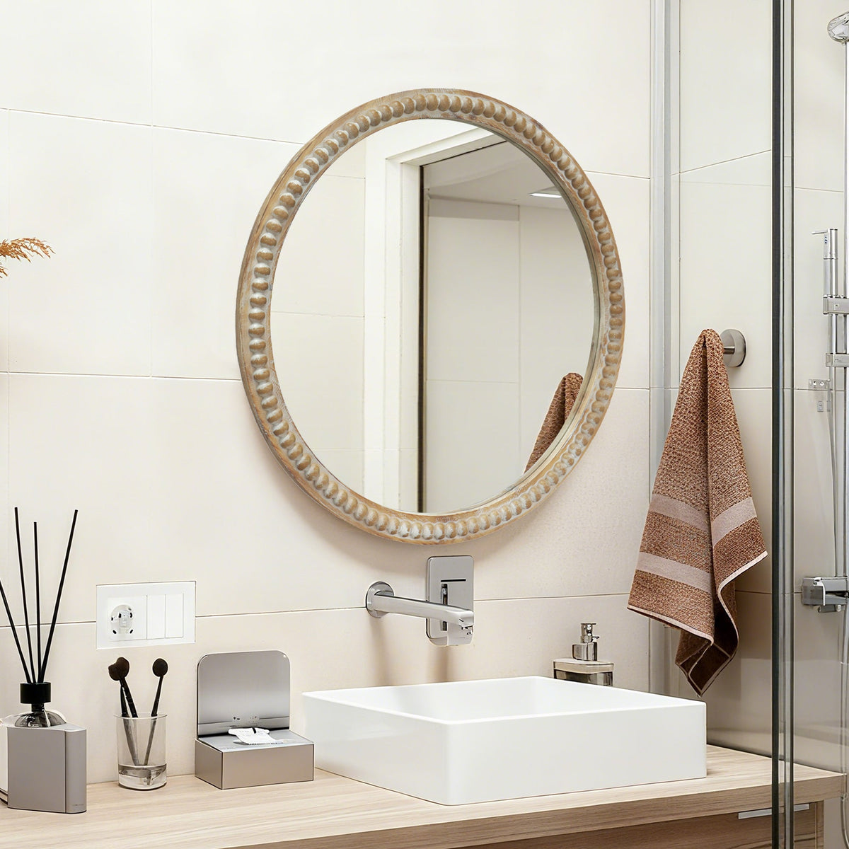Round Decorative Wall Mirror with Distressed Wood Beaded Frame - 35.43", photo 3 of 9