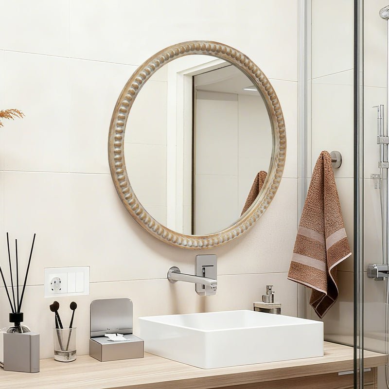 Round Decorative Wall Mirror with Distressed Wood Beaded Frame - 35.43", photo 3 of 9