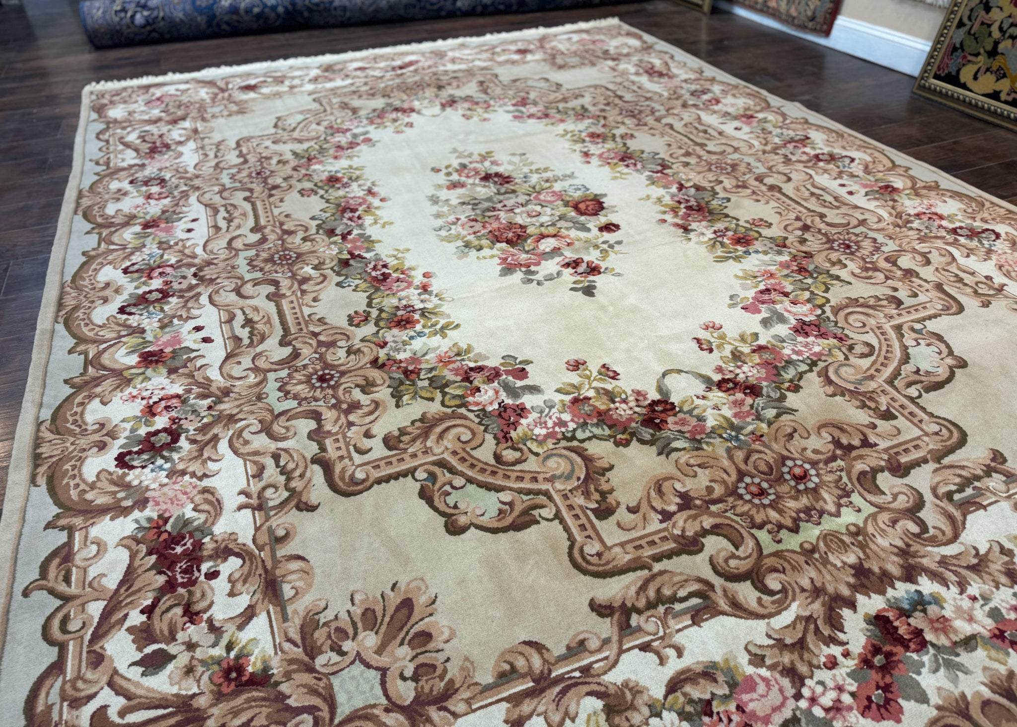 Aubusson Rug 8x12, European French Savonnerie Design, Thick Wool Pile, Elegant Rug, Cream Beige Light Green by Jewel Rugs