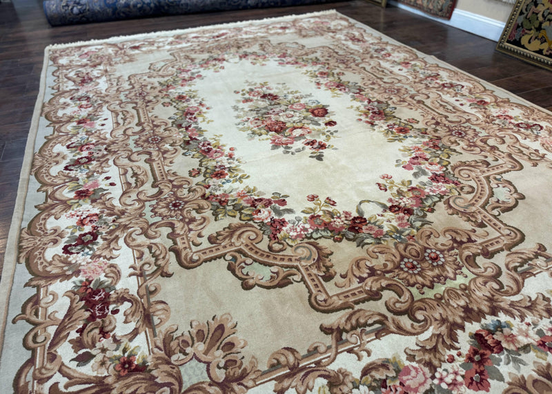 Aubusson Rug 8x12, European French Savonnerie Design, Thick Wool Pile, Elegant Rug, Cream Beige Light Green by Jewel Rugs