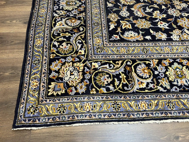 Wonderful Navy Blue Persian Kashan Rug 11x13, Allover Floral Design with Central Medallion, Wool Hand-Knotted Antique Carpet, Signed Rabani Rug by Jewel Rugs