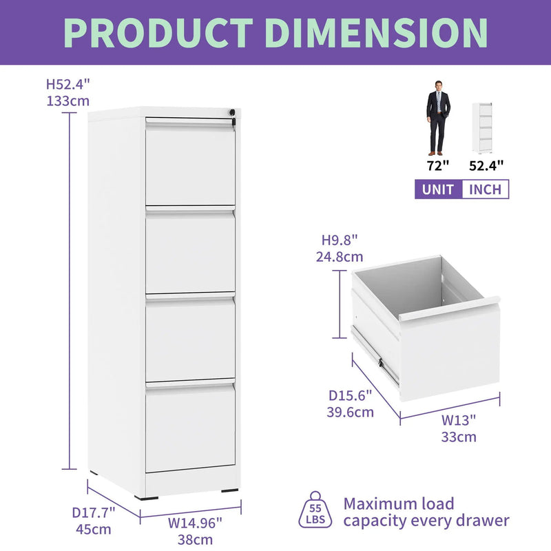 Steel Drawer Vertical File Cabinet With Lock For A4 Legal / Letter Size by Unique Piece Furniture