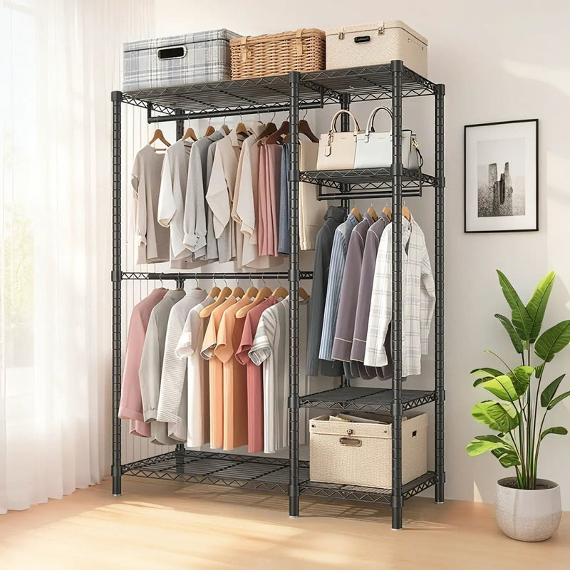 Freestanding Clothes Rack With 6 Adjustable Wire Shelves And 3 Garment Rails - Black by HouseOfZazla