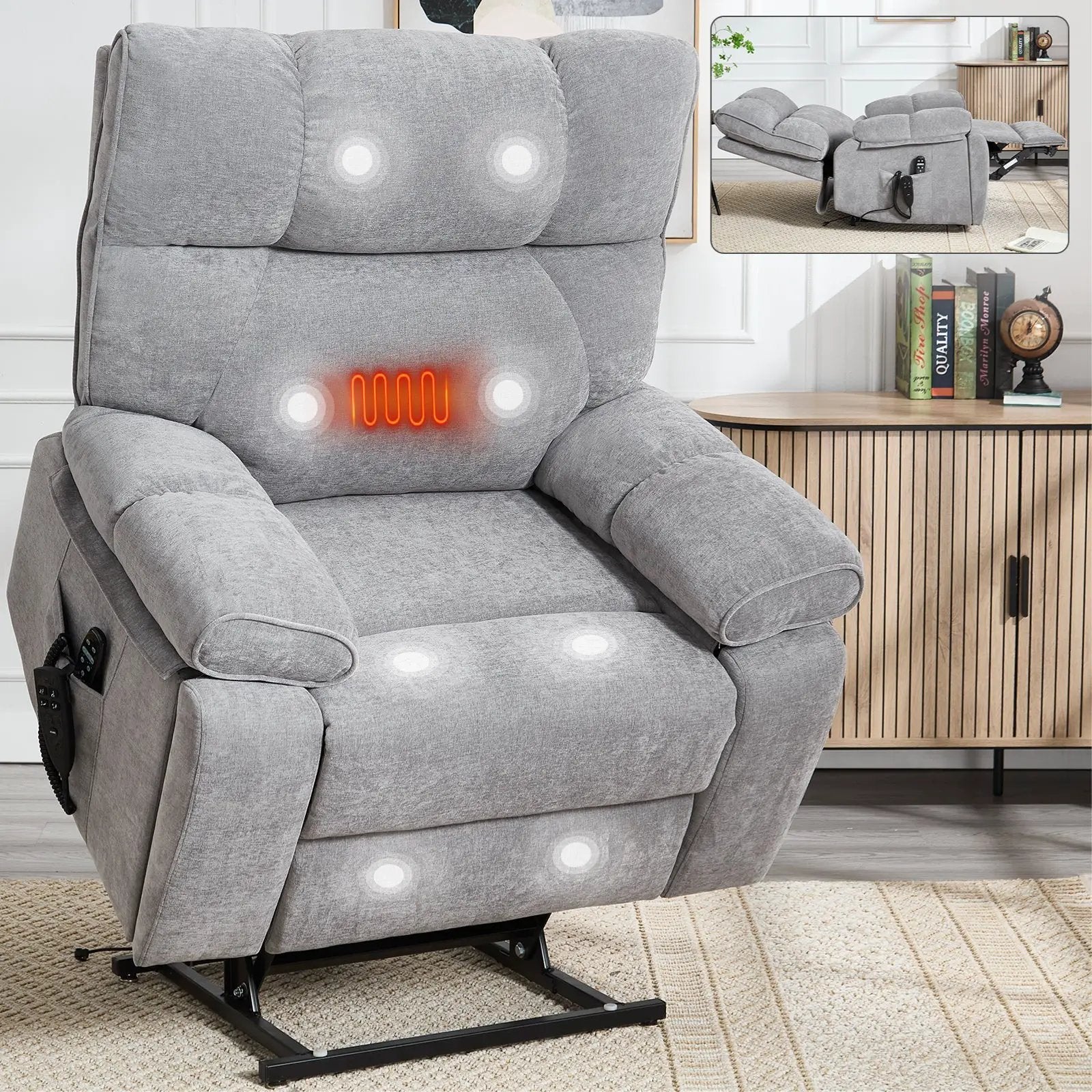 Grey Heat Massage Dual Motor Electric Power Lift Recliner by HouseOfZazla