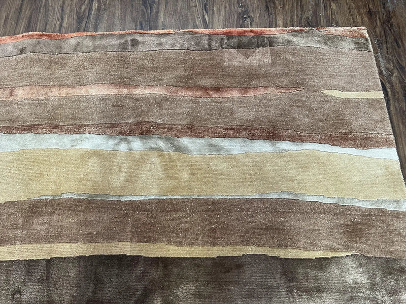 Modern Tibetan Rug 8x11 Nepali Carpet, Shiny Velvely Soft Wool and Silk, Contemporary Hand Knotted Rug, Striped Design, Wool Area Rug 8 x 11 by Jewel Rugs