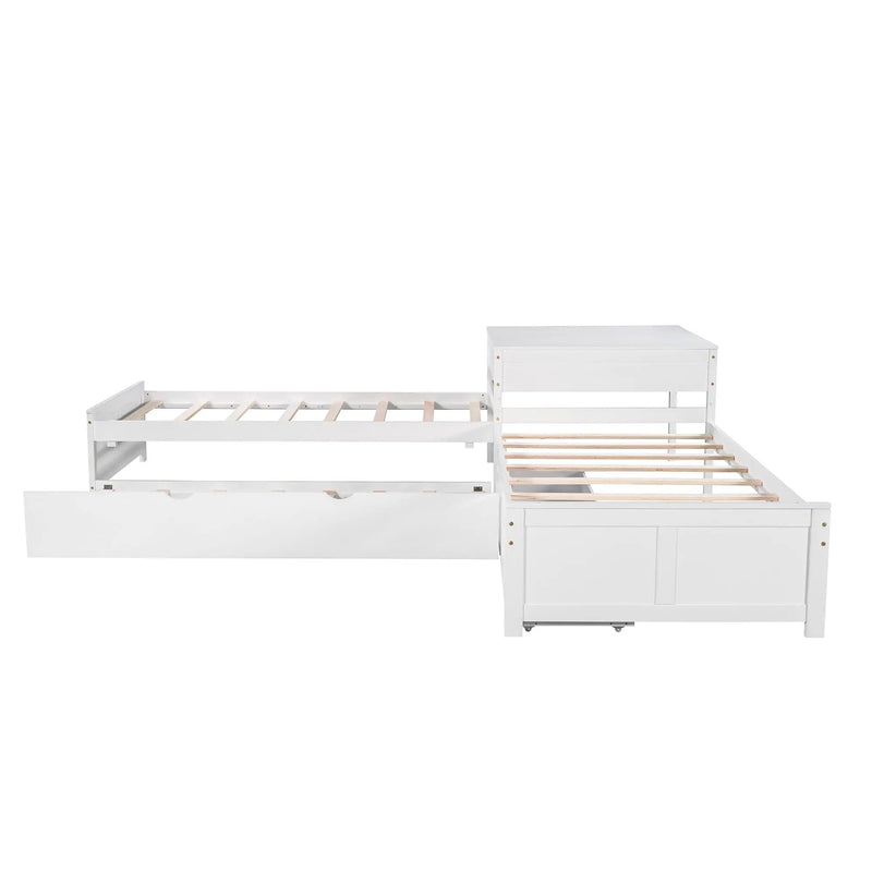 L Shaped Platform Bed With Trundle And Drawers Linked With Built In Desk by Unique Piece Furniture