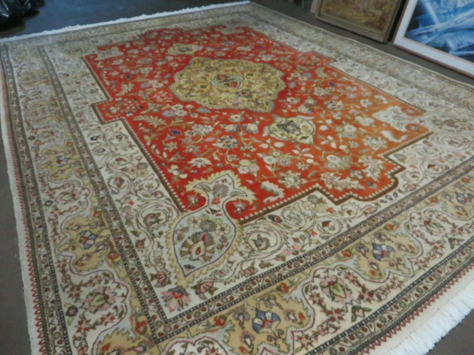 Vintage Persian Tabriz Rug 9x12, Tabatabaie Rug 9x12 Carpet, Handmade Hand Knotted Wool Area Rug, Tomato Red Beige, Medallion Rug, Floral by Jewel Rugs