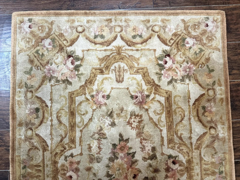 Chinese Aubusson Rug 3.6 x 5, Beige and Gold, Handmade Vintage Elegant European Design Carpet, Plush Wool, Handmade by Jewel Rugs