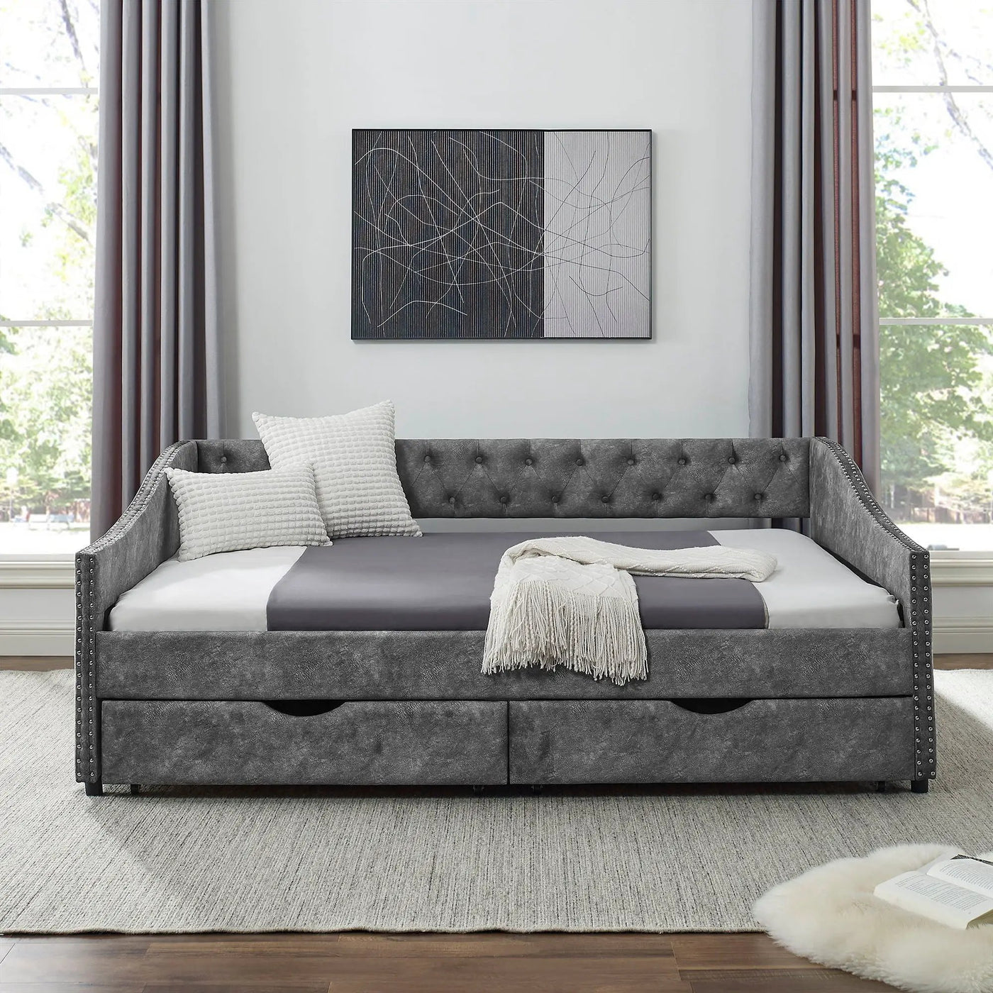 Upholstered Tufted Daybed With Drawers, Waved Arms by Unique Piece Furniture