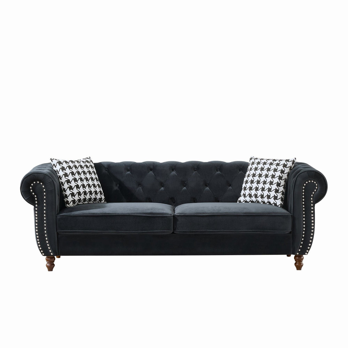Chesterfield Upholstery Fabric Sofa with Roll Armrest & Nailhead – Dark Gray or Black
