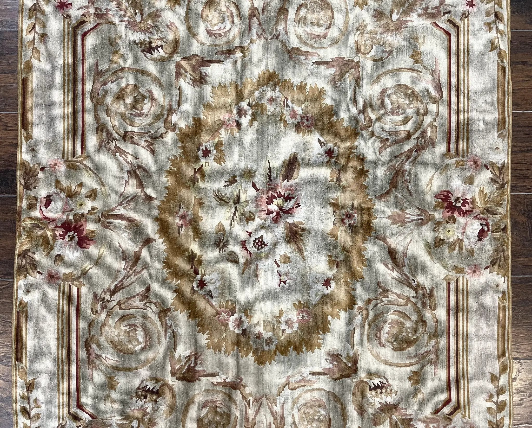 Aubusson Needlepoint Rug 4x5 ft, Beige and Tan, Aubusson Savonnerie Vintage Carpet, Handwoven Handmade Wool Rug, European Design Floral Rose by Jewel Rugs