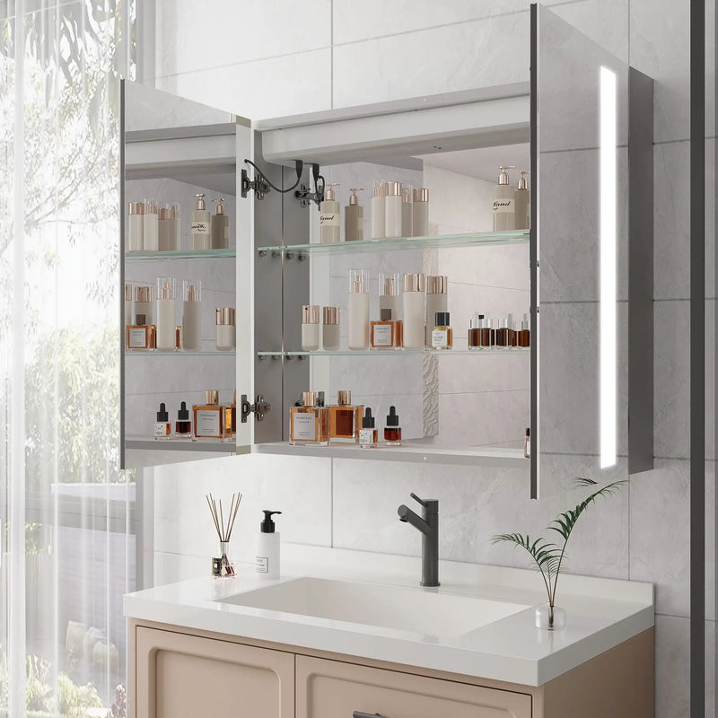 LED Medicine Cabinet With Mirror, Double Door With Defogger, Dimmer, Surface Mount by HouseOfZazla