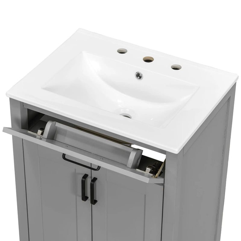 Bathroom Vanity With Ceramic Sink, Soft Close Doors, Flip Drawer, Double Layer Door Shelves