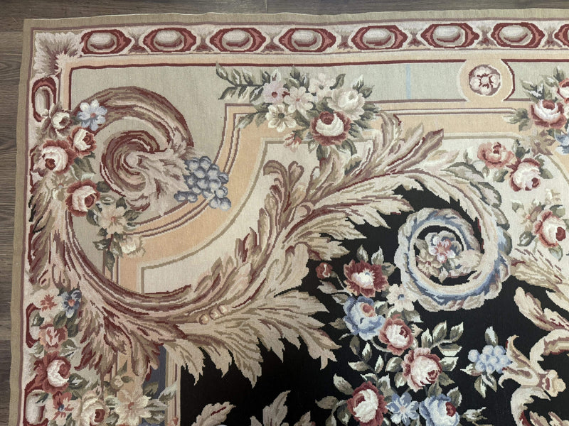 Wonderful Needlepoint Rug 10x14, Large Aubusson Carpet, Floral, Elegant, European Design by Jewel Rugs