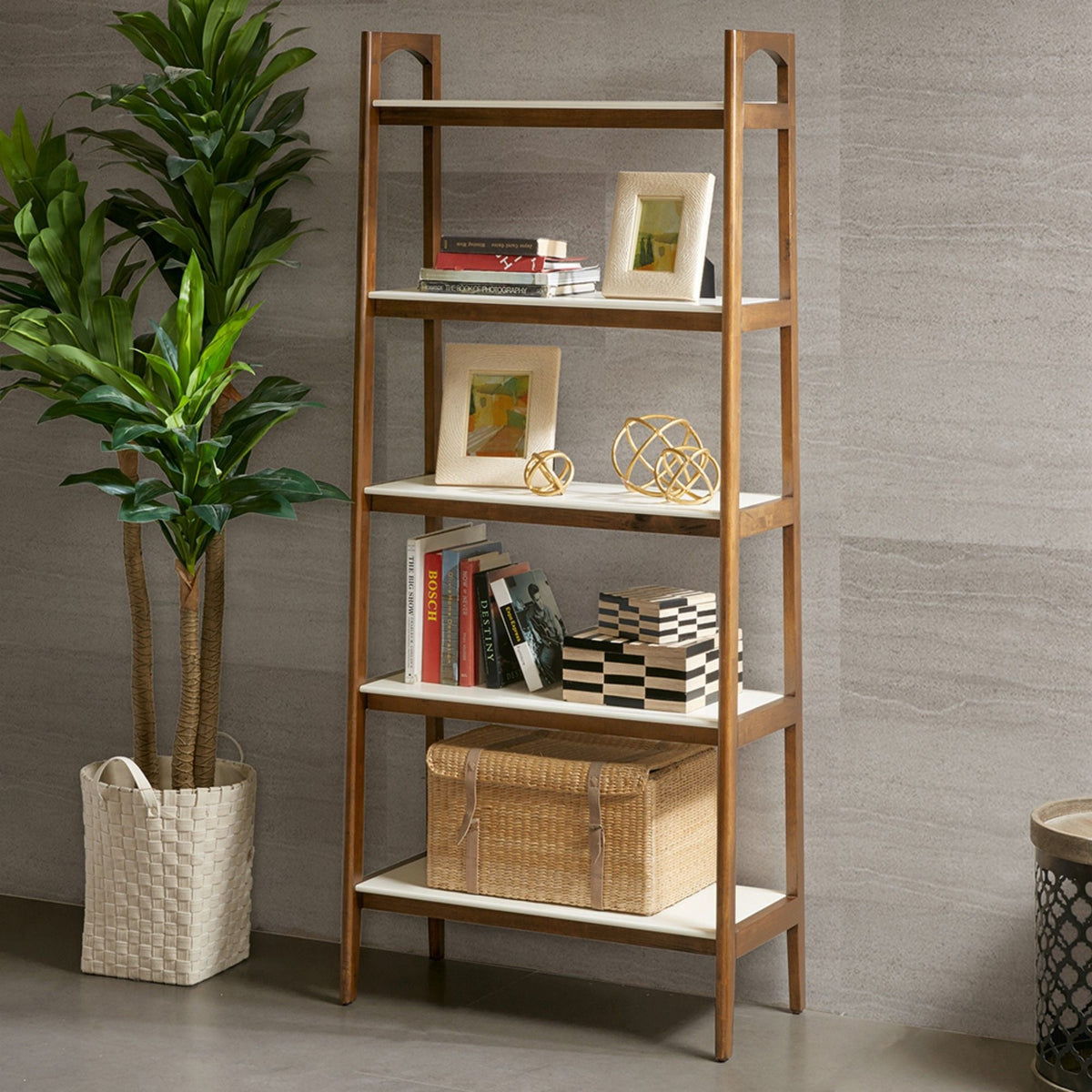 Mid-Century 5 Shelf Bookcase with Solid Rubber Wood Frame - Off White / Pecan, photo 2 of 5