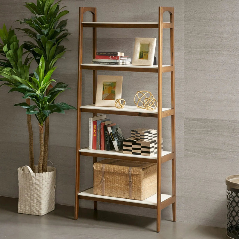 Mid - Century Design 5 Shelf Bookcase - Off White / Pecan by HouseOfZazla