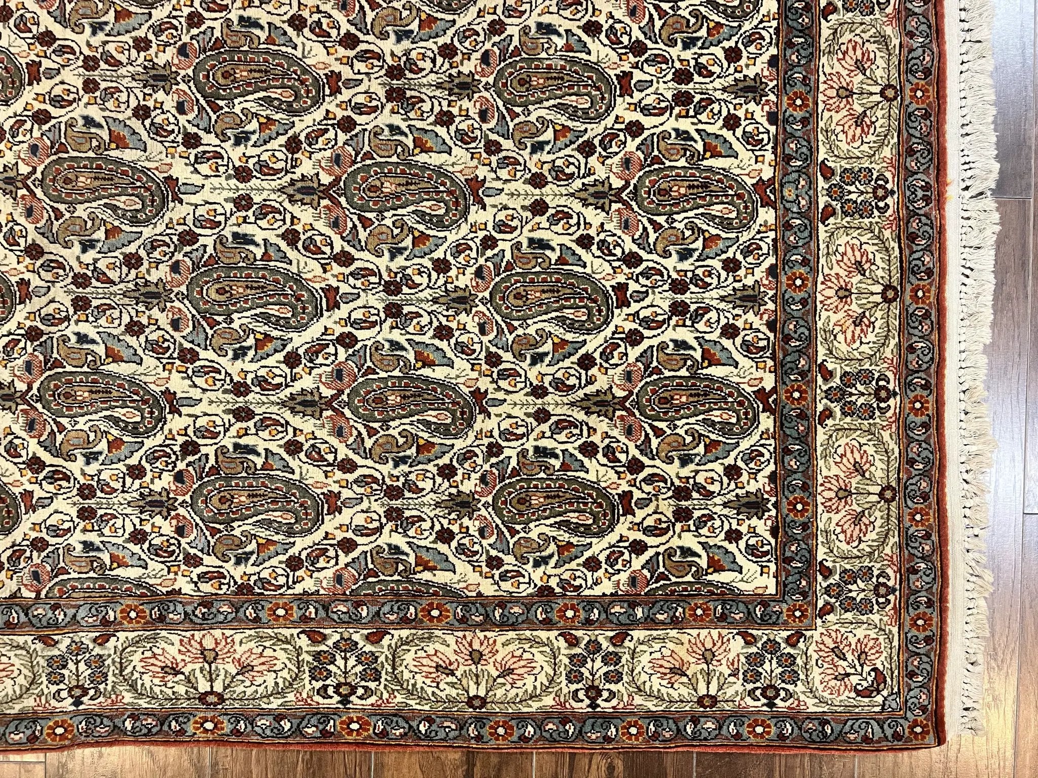Persian Qum Rug 5x6, Cream Wool Hand Knotted Carpet, Repeated Boteh Paisely Design, Semi Antique Vintage Rug, Very Fine Weave 5 x 6 Rug by Jewel Rugs