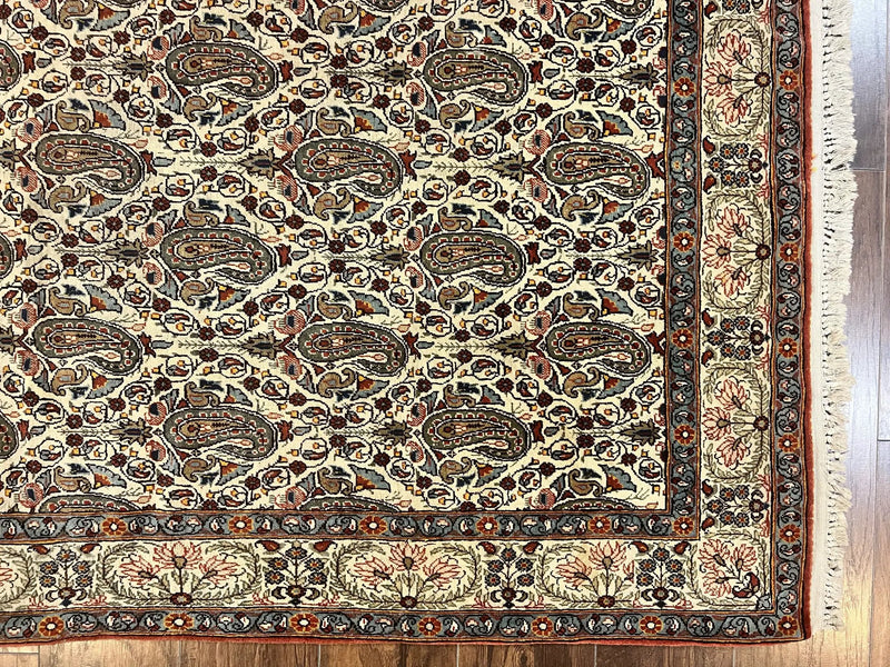 Persian Qum Rug 5x6, Cream Wool Hand Knotted Carpet, Repeated Boteh Paisely Design, Semi Antique Vintage Rug, Very Fine Weave 5 x 6 Rug by Jewel Rugs