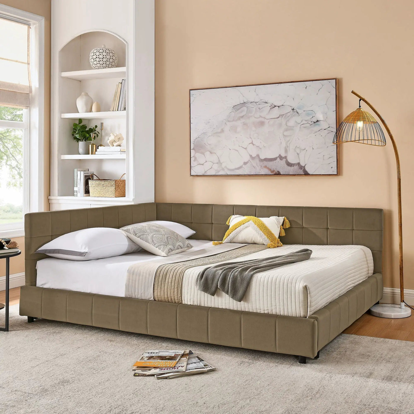 Mid-Century Storage Upholstered Tufted Bed Frame With Backrest And Armrests by HouseOfZazla