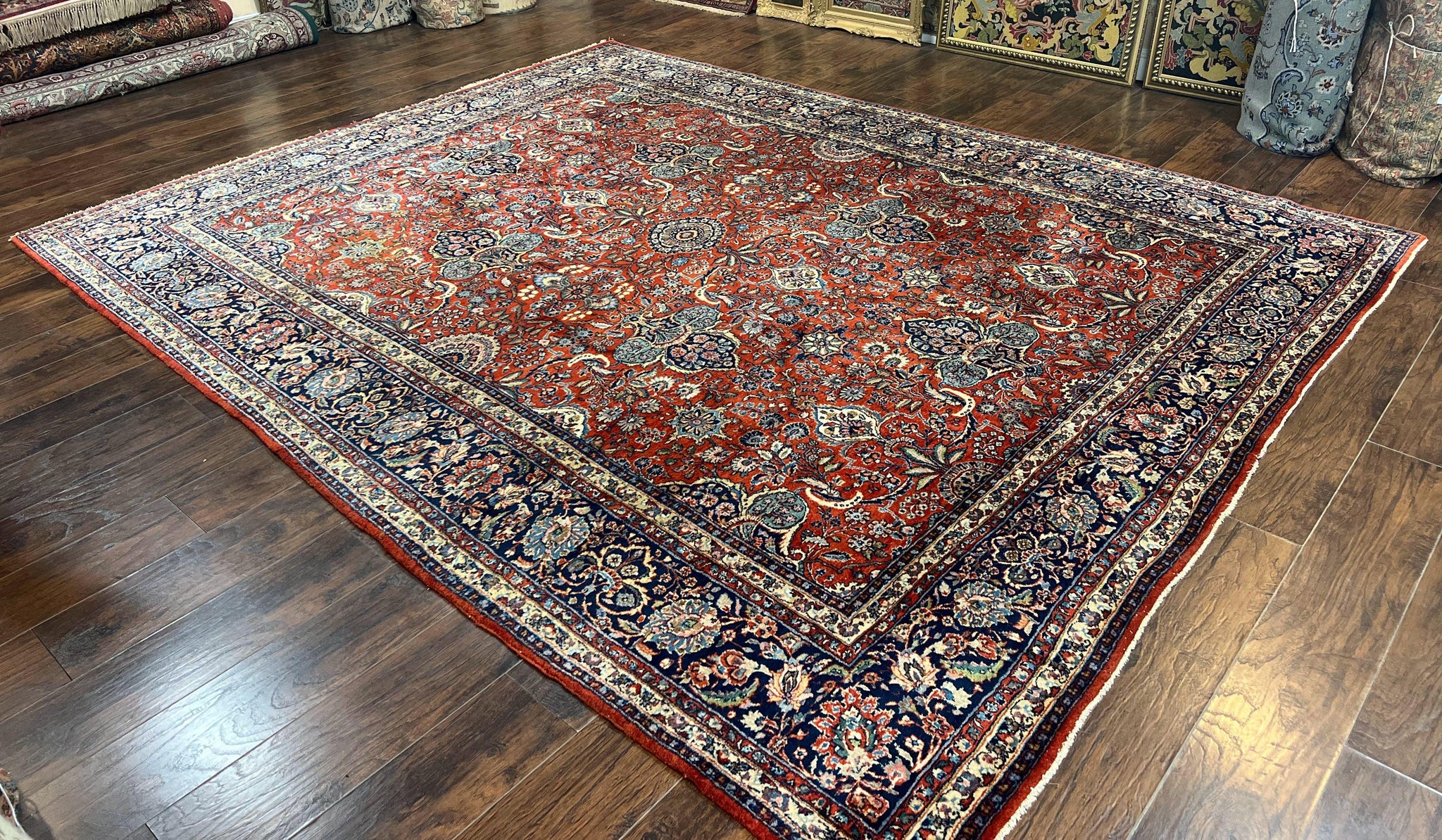 Persian Sarouk Rug 9x12, Red and Dark Blue Floral Allover Antique Persian Carpet, Handmade Wool Qazvin Rug by Jewel Rugs