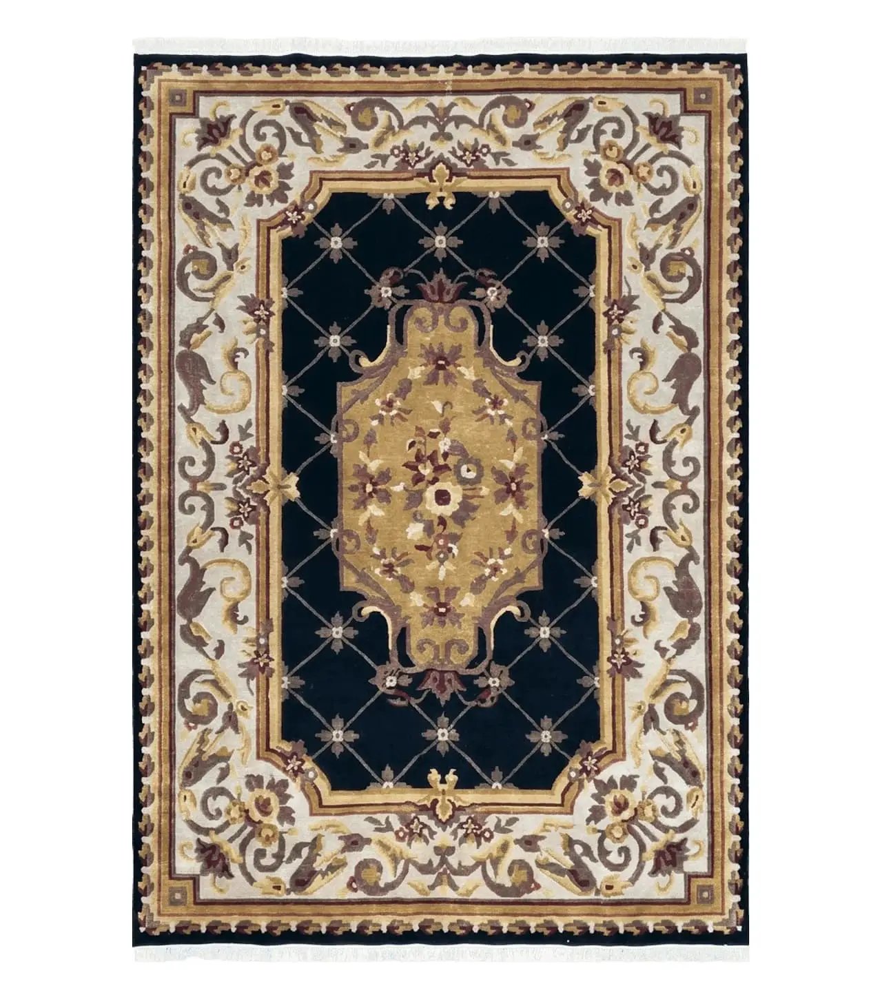 6x9 Nepalese Rug, Aubusson Savonnerie Area Rug 6 x 9 with Soft Pile, Hand-Knotted Wool Black & Beige Tibetan New Carpet European Design by Jewel Rugs