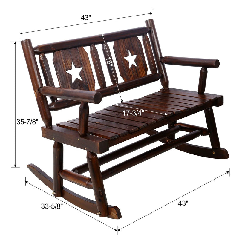 Rustic Outdoor Wood Rocking Bench Double Rocking Chair For 2 Persons With Curved Seat, Porch Rocker - Brown by Unique Piece Furniture