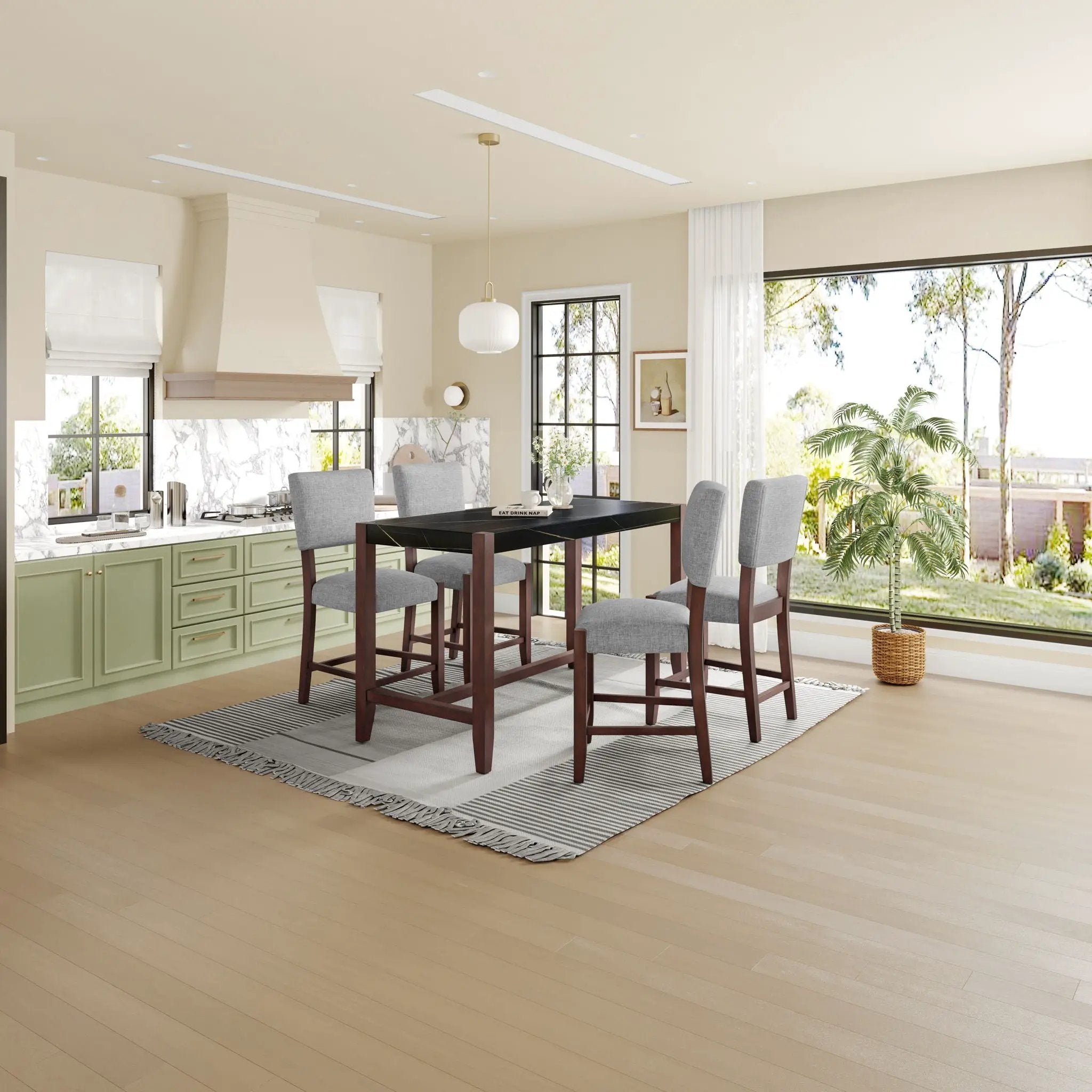 5 Piece Counter Height Dining Set, Bar Table With 4 Upholstered Chairs