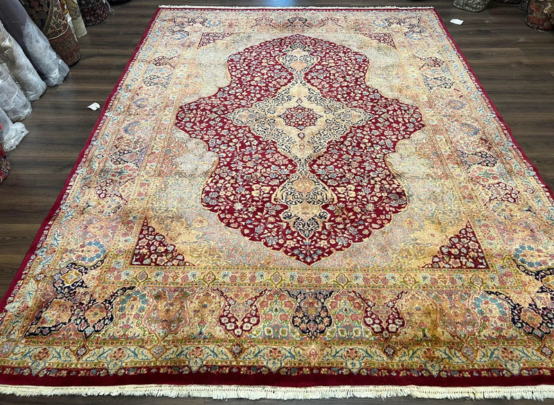 Persian Rug 9x12, Kirman DeLuxe, Millefleur Floral Medallion Carpet, Maroon Light Blue Beige, Semi Antique Authentic Hand Knotted Wool Rug by Jewel Rugs