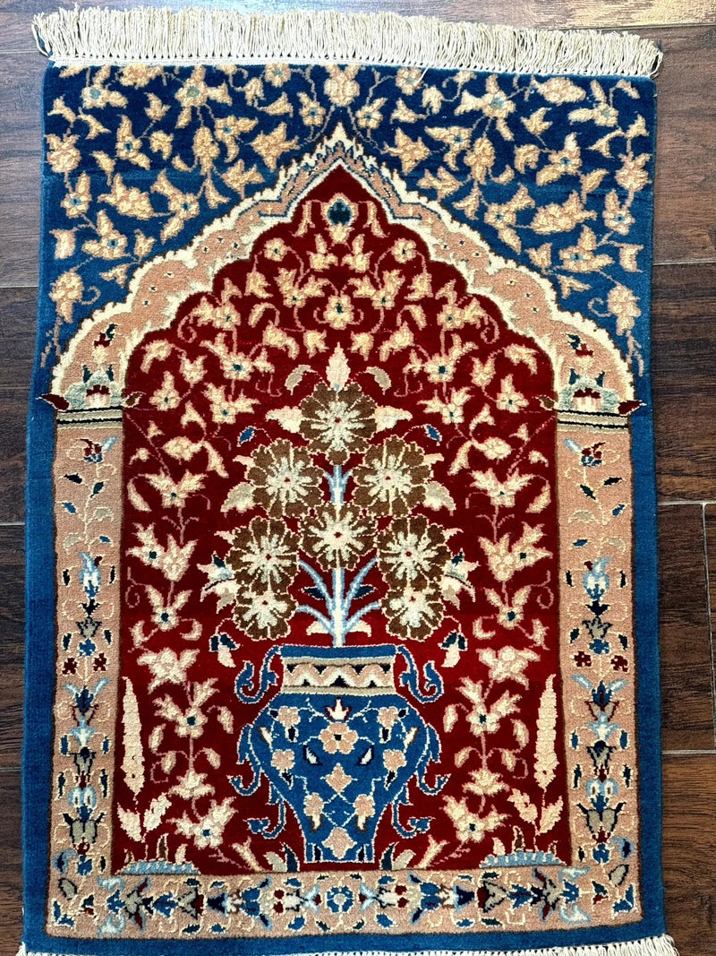 Small Persian Nain Rug, Persian Vase Tree of Life Design, Red and Blue, Very Fine 260 KPSI, Wool and Silk Highlights by Jewel Rugs