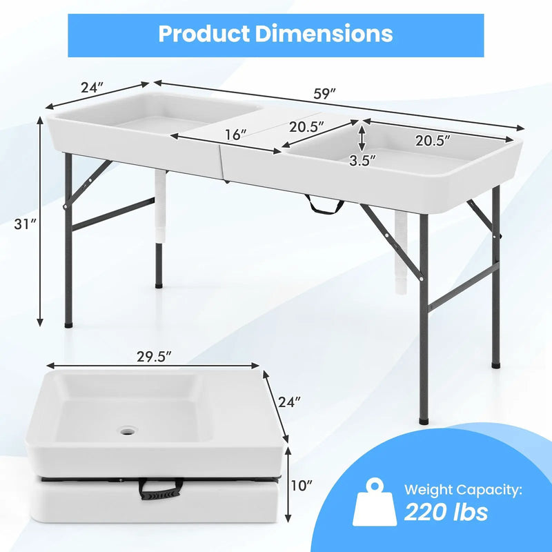 5 FT Folding Ice Cooler Table with Double Sinks for Camping Party Picnic Wedding-White by DirectDeals