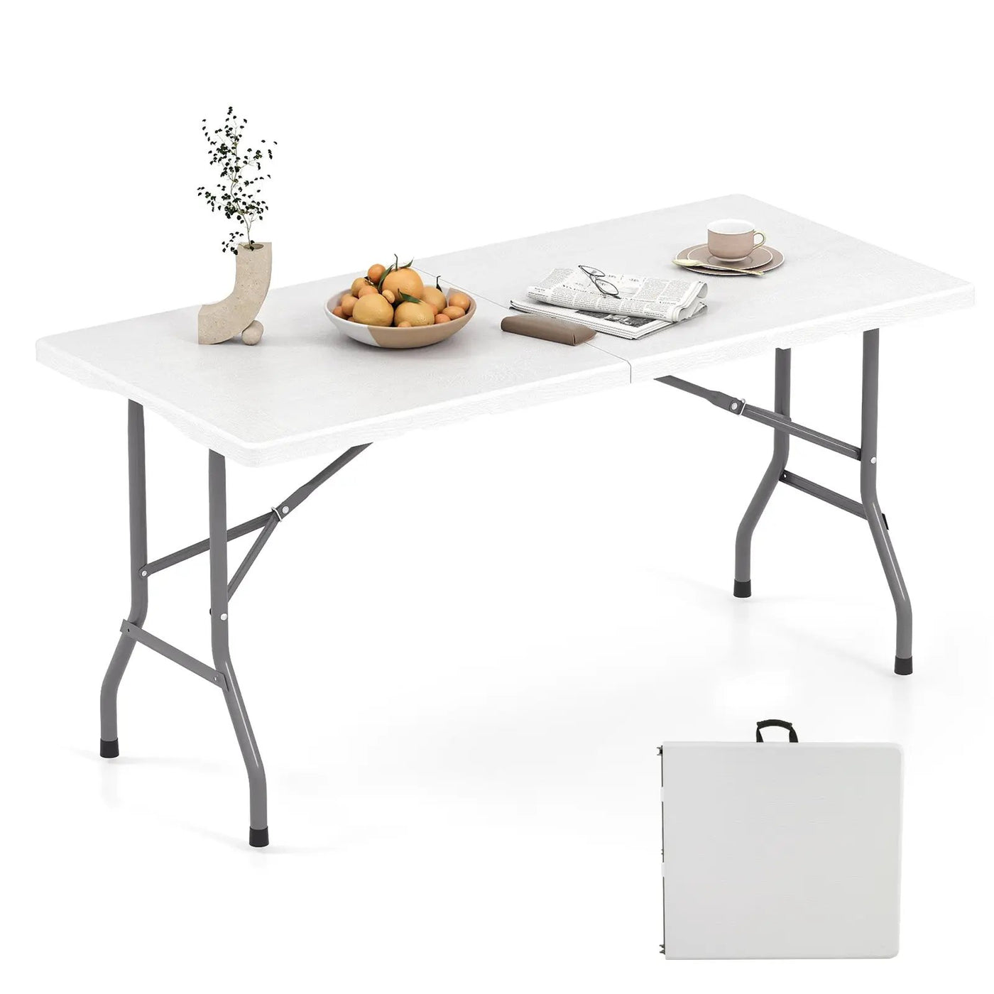 5FT Folding Picnic Table with Wood Grain HDPE Tabletop and Non-slip Foot Pads by DirectDeals